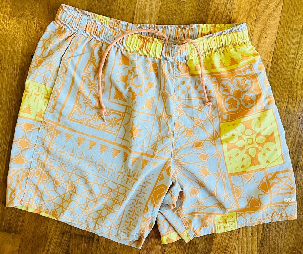 OBEY Mens L Swim Trunks Nylon Geometric Mosaic Print Orange Blue Board Shorts